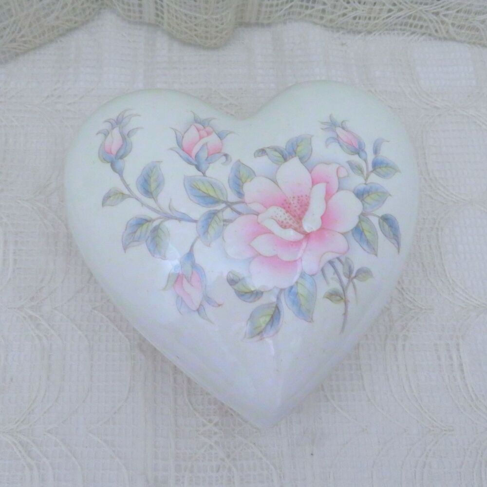 Handmade Lidded Ceramic Heart Trinket Dish, Rose Decor Treasure Box For Jewelry
